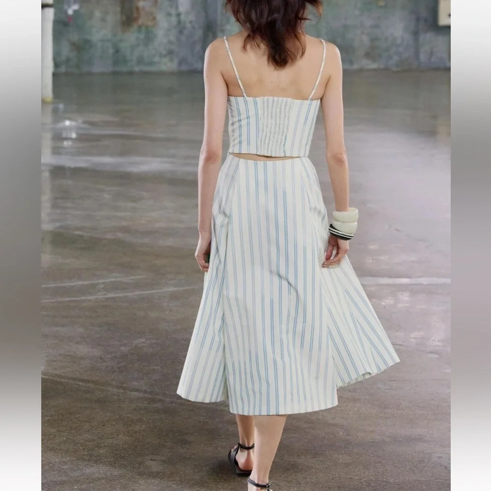 ZARA WOMAN MID-RISE MIDI STRIPED PRINT FULL SKIRT sz. XS